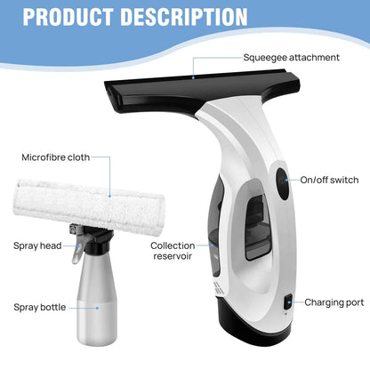 Cordless Window Vacuum Squeegee With Detachable Water Tank, 2000Pa Strong Suction, Rechargeable Glass Cleaner For Windows, Shower, Mirror And Tiles, Lightweight 2-in-1 Wiper With Microfiber Pad
