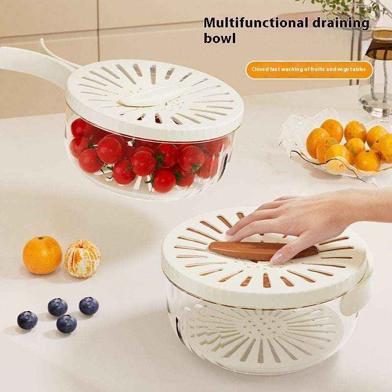 Fruit Drain Basket With Lid Vegetable Washing Bowl Foldable Handle Cleaning Colander Plastic Refrigerator Crisper Kitchen Box Kitchen Gadgets