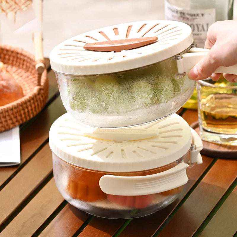 Fruit Drain Basket With Lid Vegetable Washing Bowl Foldable Handle Cleaning Colander Plastic Refrigerator Crisper Kitchen Box Kitchen Gadgets